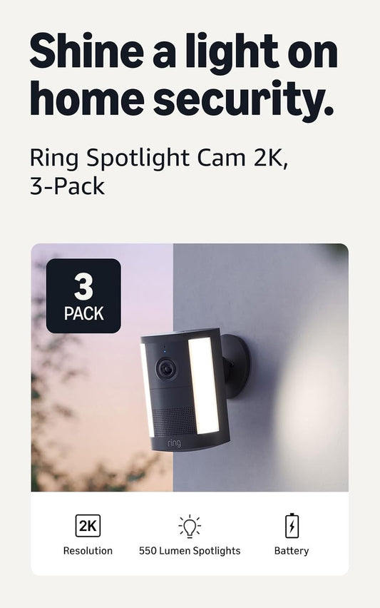 Spotlight Cam 2K (Newest Model), Battery, Home or Business Security, Wide-Angle Retinal 2K Video, 6X Enhanced Zoom, Motion-Activated Spotlights, 3-Pack, Black